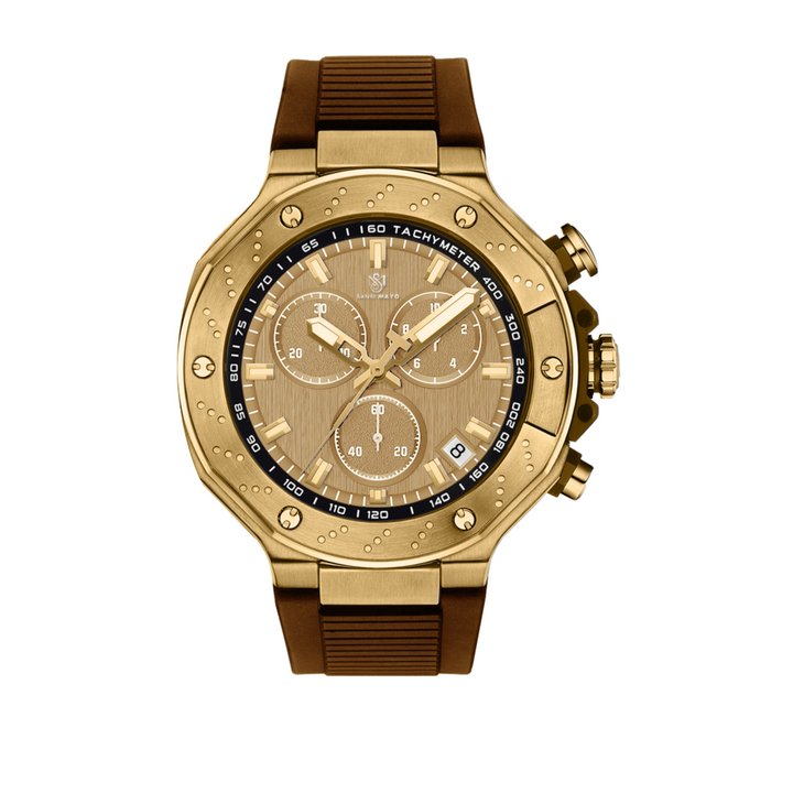 Romano Gold Dial Watch — Brown Strap, Gold Case for Men