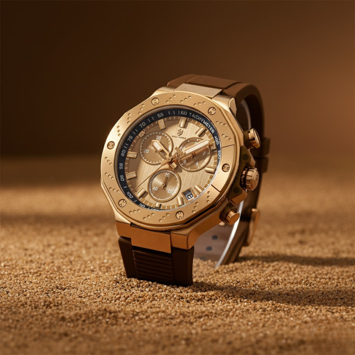 Romano Gold Dial Watch — Brown Strap, Gold Case for Men