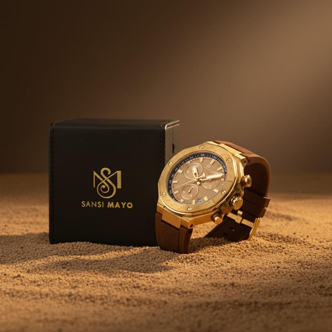 Romano Gold Dial Watch — Brown Strap, Gold Case for Men