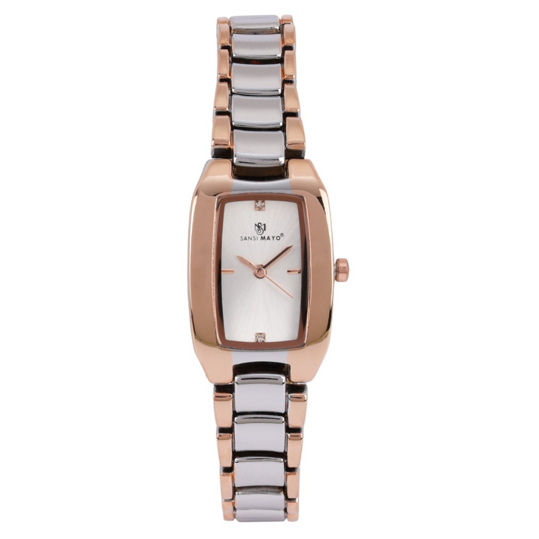 Sansimayo Women’s White Dial Watch with Bangle & Ring Set – Two Tone Silver Gold