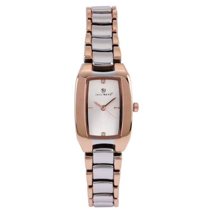 Sansimayo Women’s White Dial Watch with Bangle & Ring Set – Two Tone Silver Gold