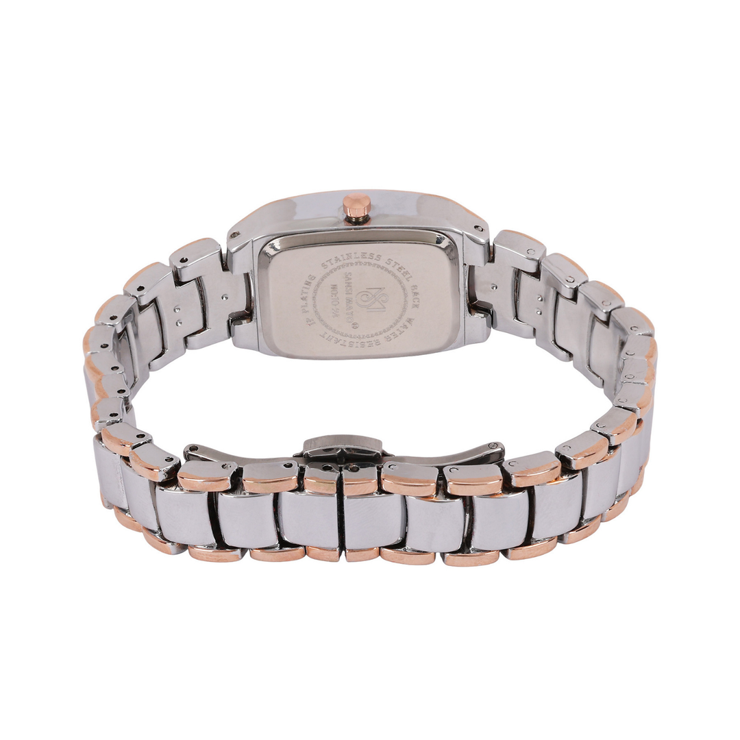 Sansimayo Women’s White Dial Watch with Bangle & Ring Set – Two Tone Silver Gold