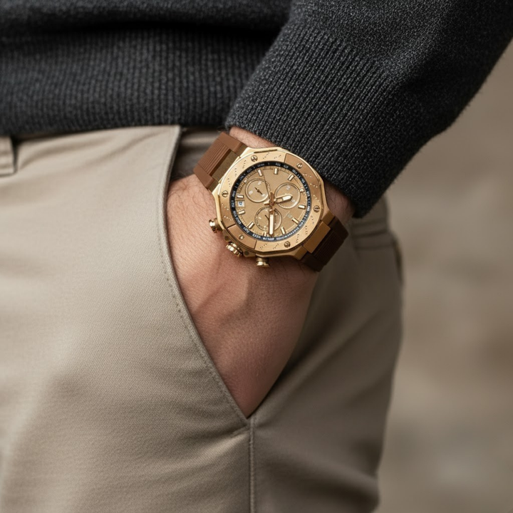 Romano Gold Dial Watch — Brown Strap, Gold Case for Men