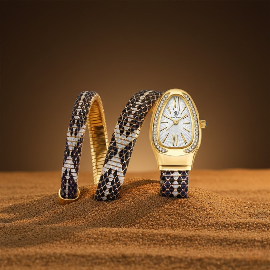 Koil Snake Two-Tone Gold Black Silver Bracelet Watch — White Dial | Sansi Mayo