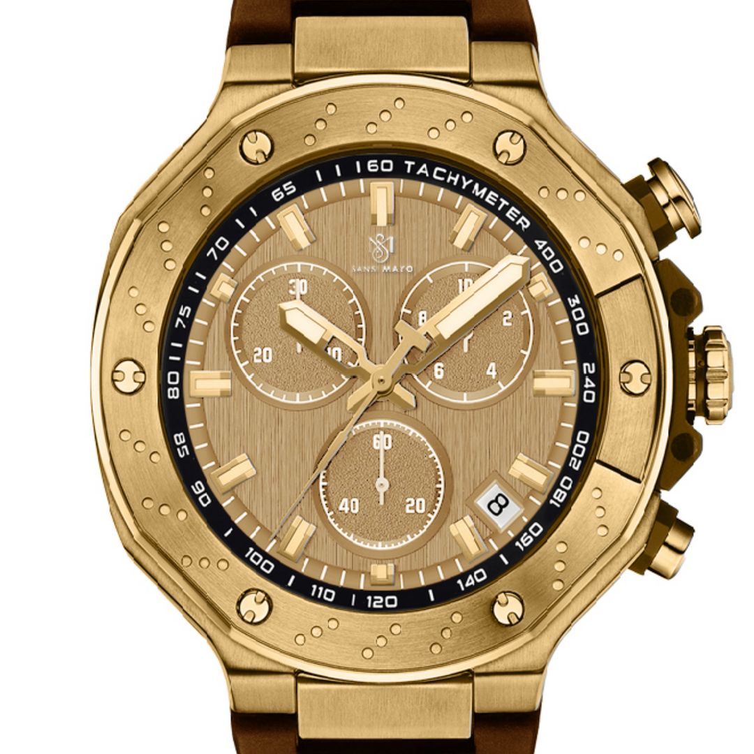Romano Gold Dial Watch — Brown Strap, Gold Case for Men
