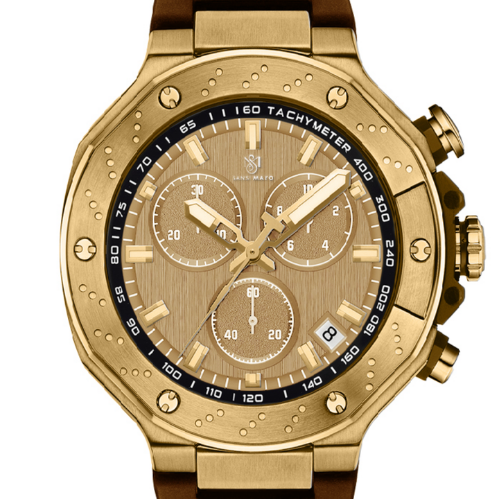 Romano Gold Dial Watch — Brown Strap, Gold Case for Men