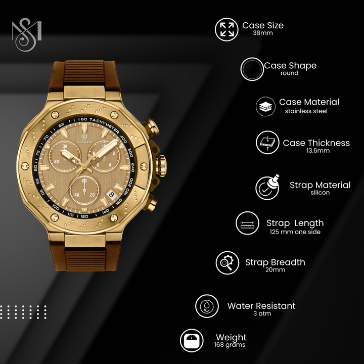 Romano Gold Dial Watch — Brown Strap, Gold Case for Men