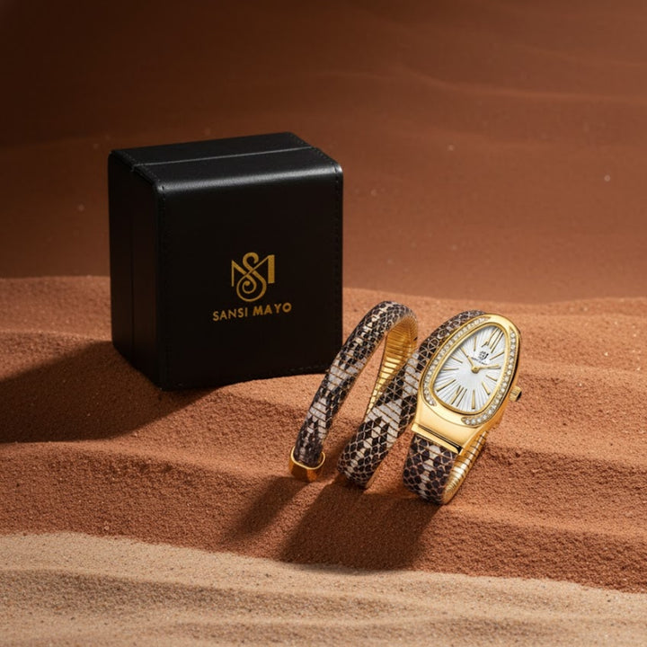 Koil Snake Two-Tone Gold Black Silver Bracelet Watch — White Dial | Sansi Mayo