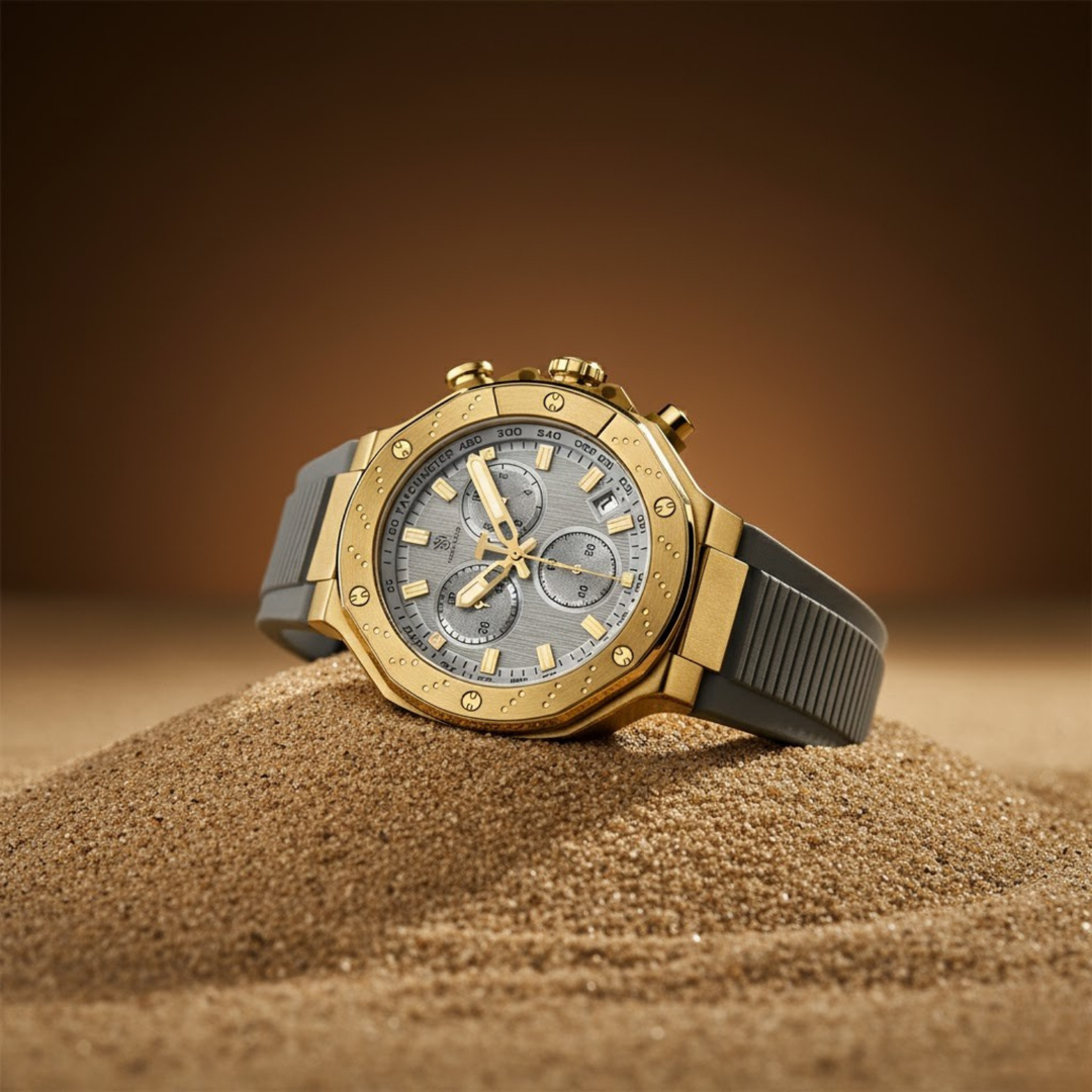 Romano Grey Dial Watch — Grey Strap, Gold Case for Men