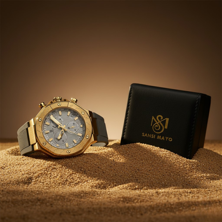 Romano Grey Dial Watch — Grey Strap, Gold Case for Men