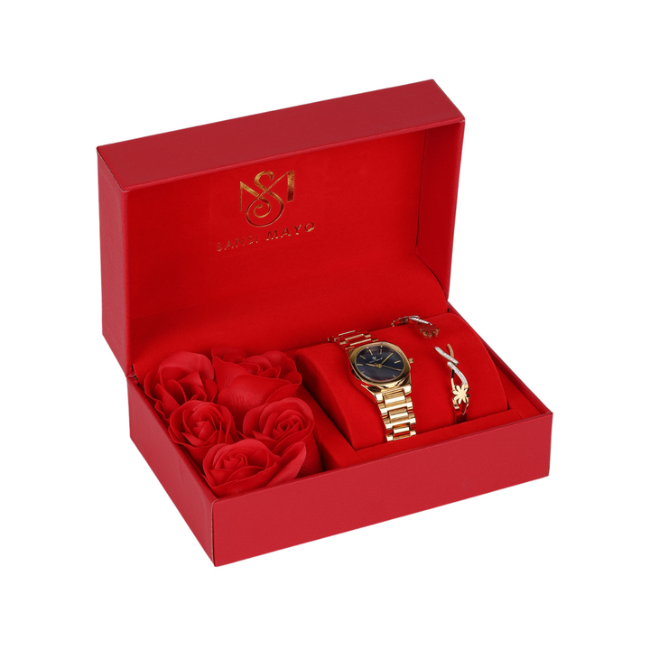 Sansimayo Women’s Blue Dial Watch with Bracelet – Gold Finish