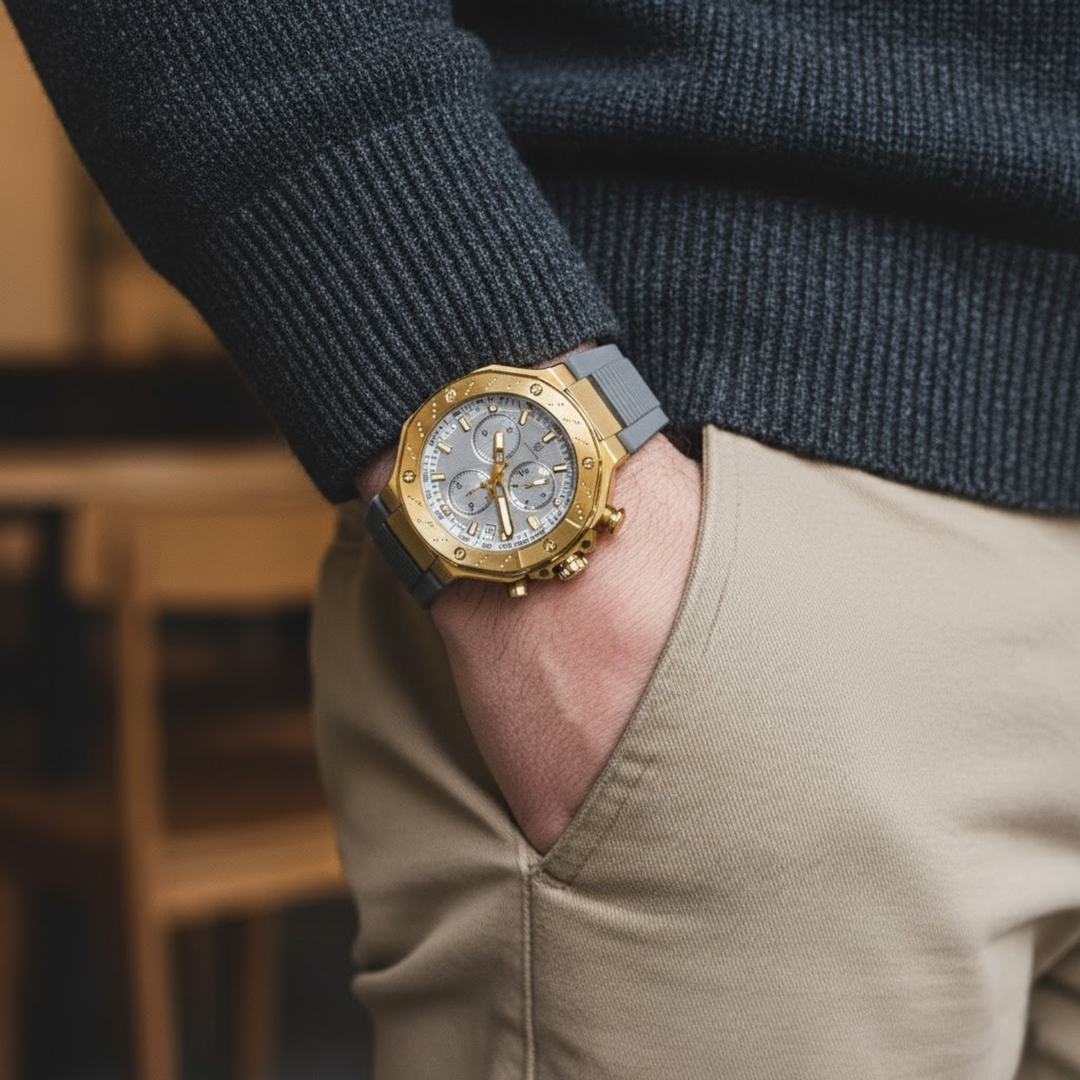 Romano Grey Dial Watch — Grey Strap, Gold Case for Men