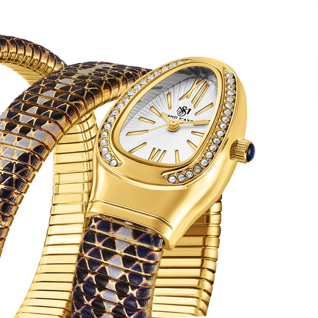 Koil Snake Two-Tone Gold Black Silver Bracelet Watch — White Dial | Sansi Mayo