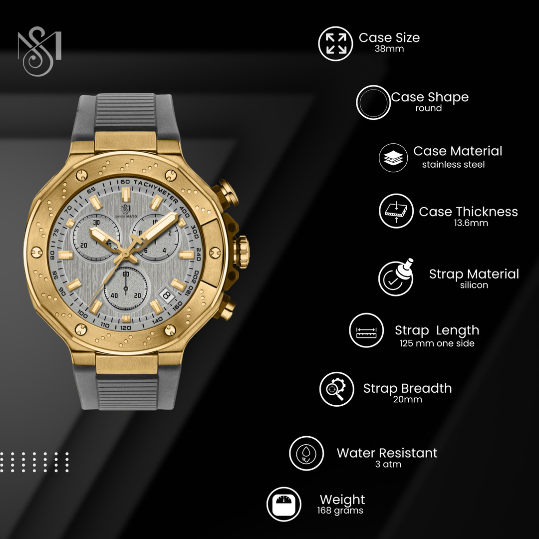 Romano Grey Dial Watch — Grey Strap, Gold Case for Men