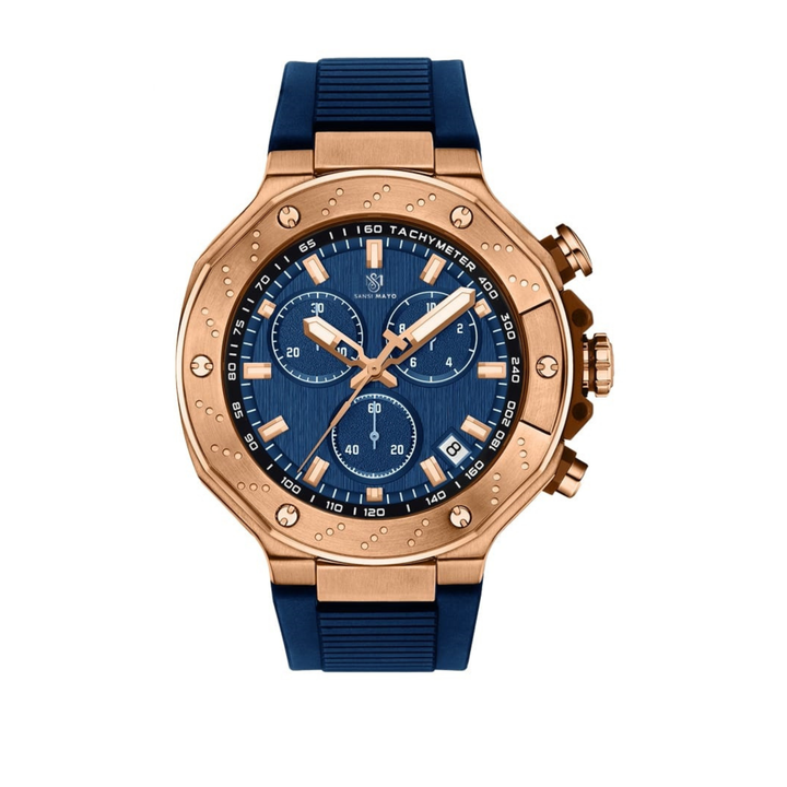 Romano Blue Dial Watch — Rose Gold Case, Blue Silicone Strap for Men