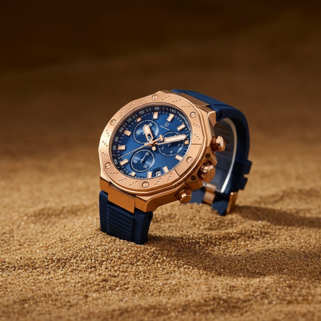 Romano Blue Dial Watch — Rose Gold Case, Blue Silicone Strap for Men