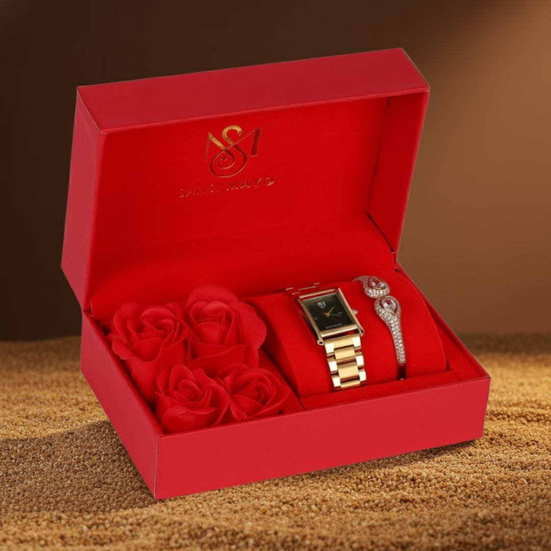 Sansimayo Women’s Black Dial Watch with Bracelet – Gold Edition