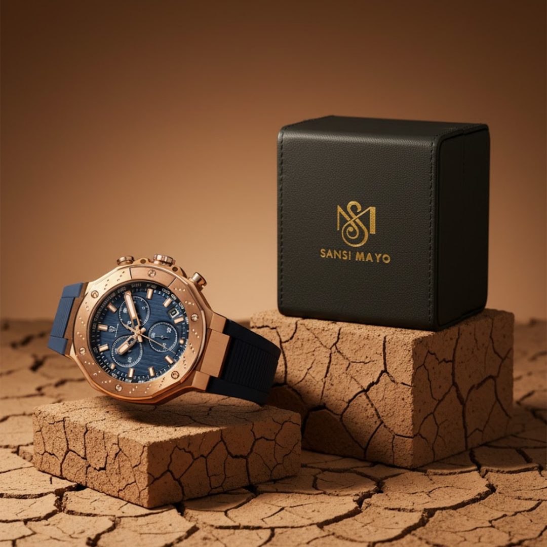 Romano Blue Dial Watch — Rose Gold Case, Blue Silicone Strap for Men
