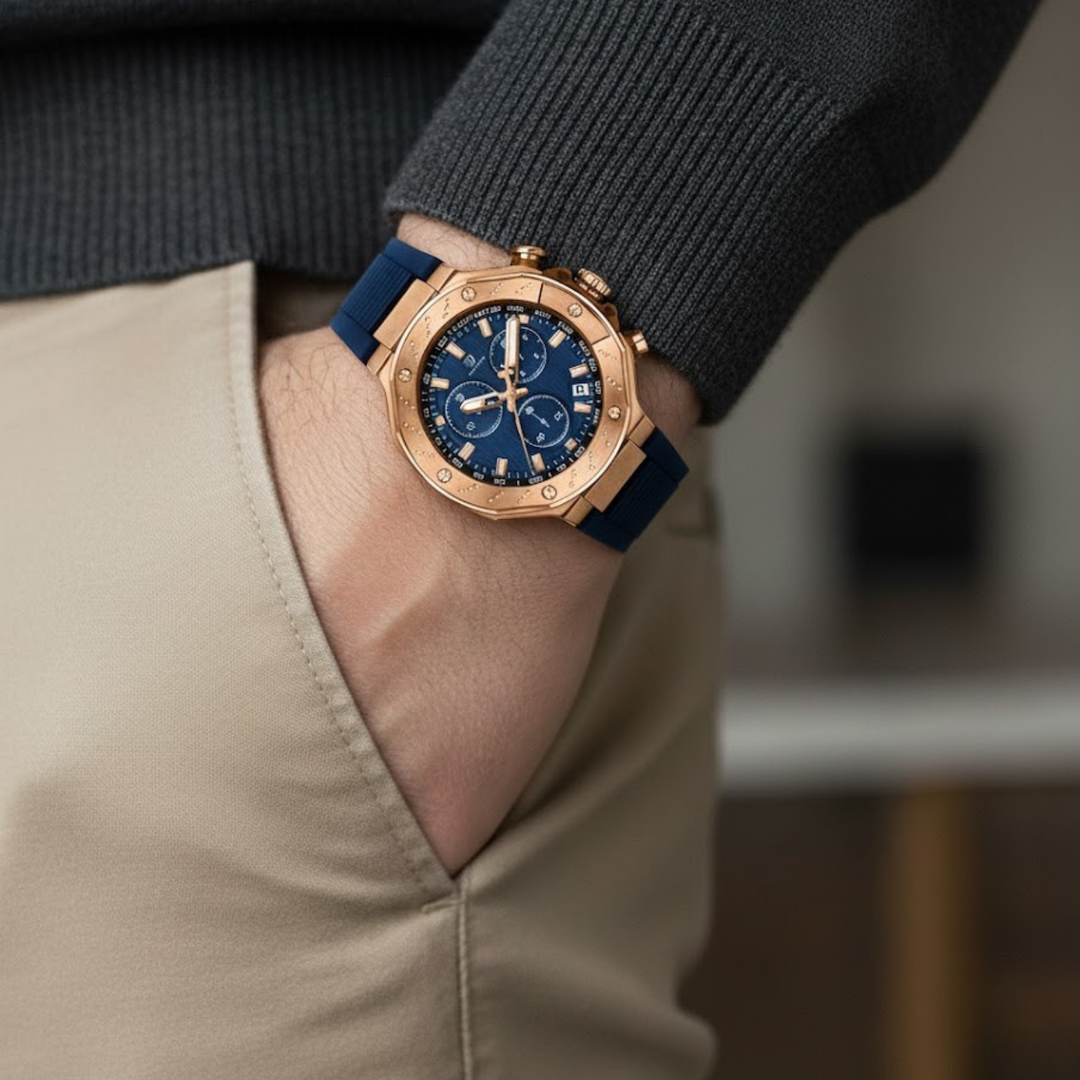 Romano Blue Dial Watch — Rose Gold Case, Blue Silicone Strap for Men