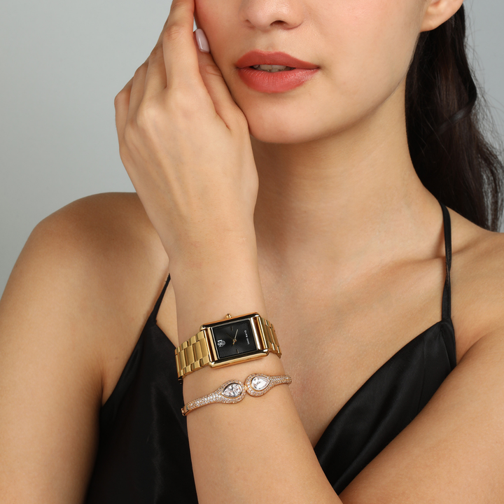 Sansimayo Women’s Black Dial Watch with Bracelet – Gold Edition