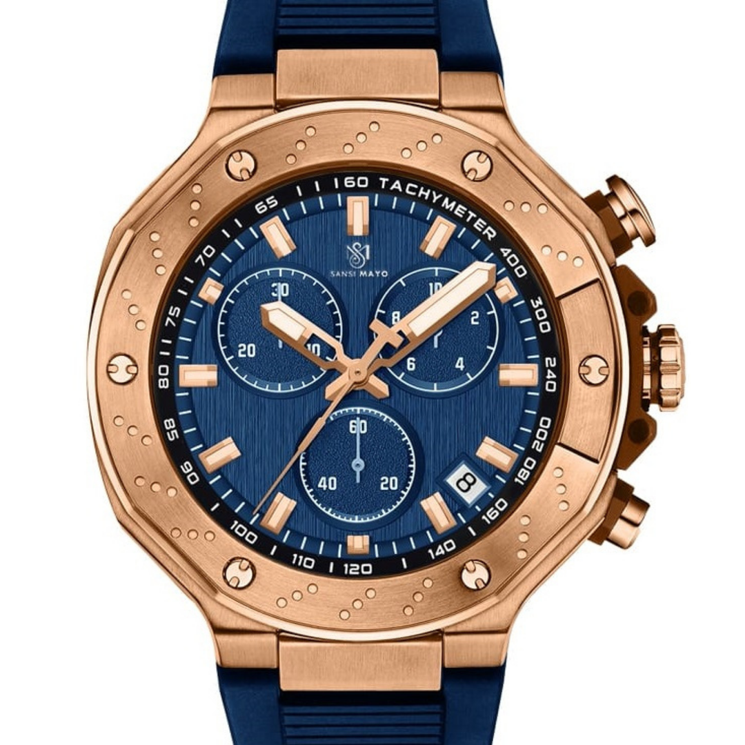 Romano Blue Dial Watch — Rose Gold Case, Blue Silicone Strap for Men