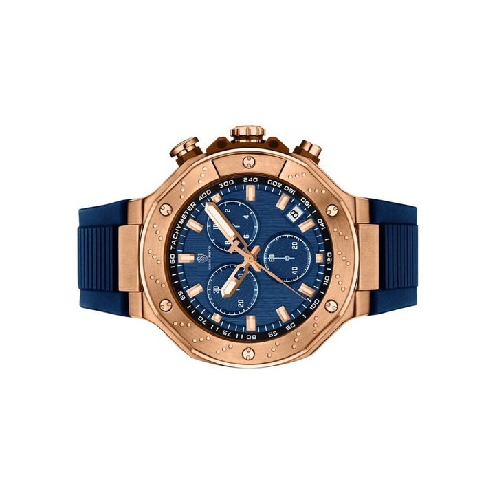 Romano Blue Dial Watch — Rose Gold Case, Blue Silicone Strap for Men