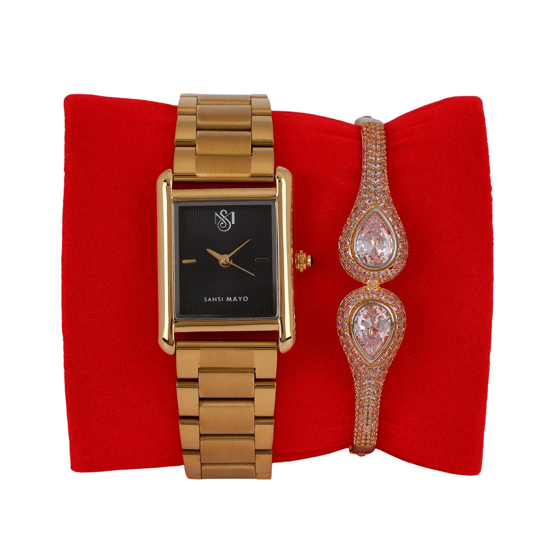 Sansimayo Women’s Black Dial Watch with Bracelet – Gold Edition