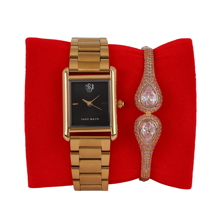 Sansimayo Women’s Black Dial Watch with Bracelet – Gold Edition