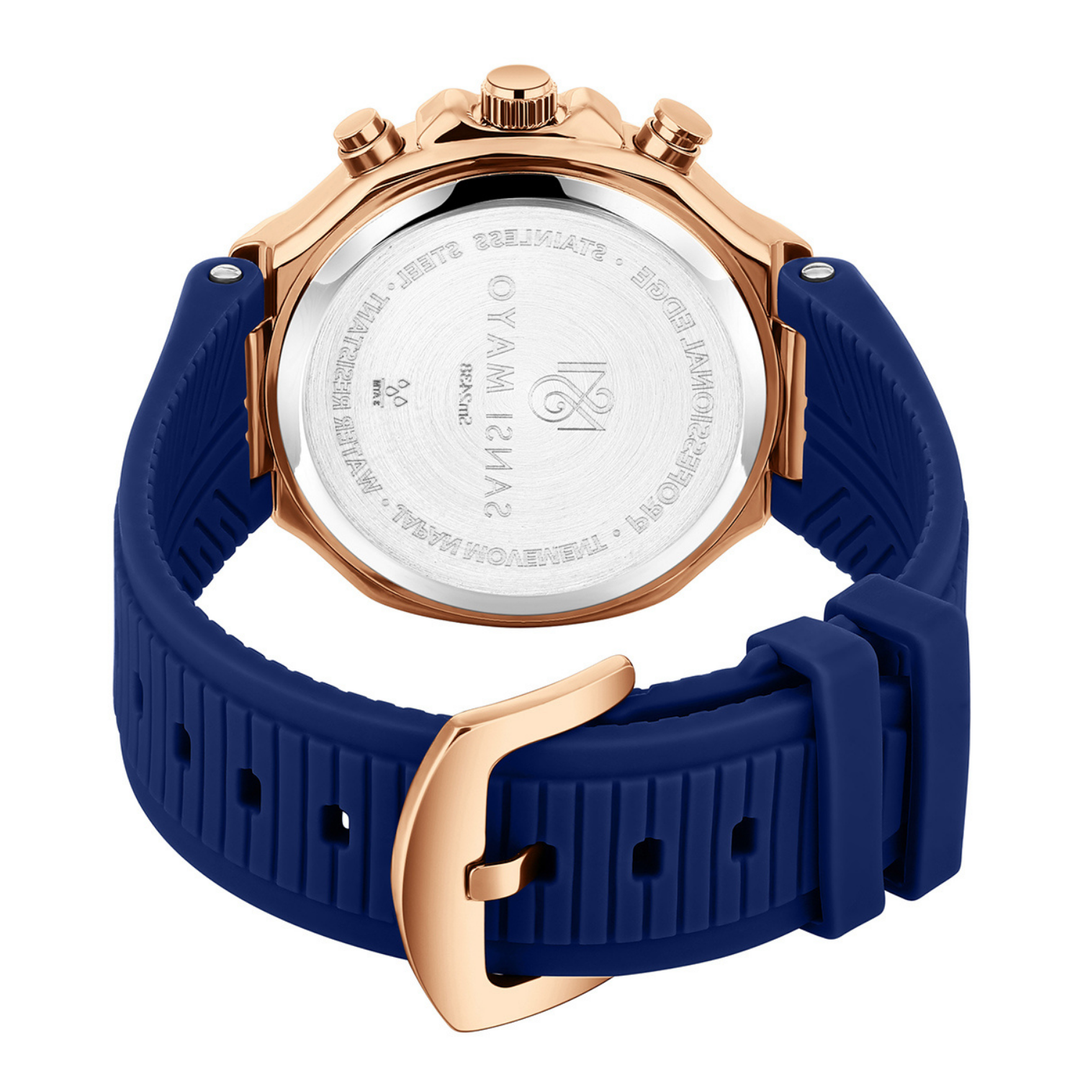 Romano Blue Dial Watch — Rose Gold Case, Blue Silicone Strap for Men