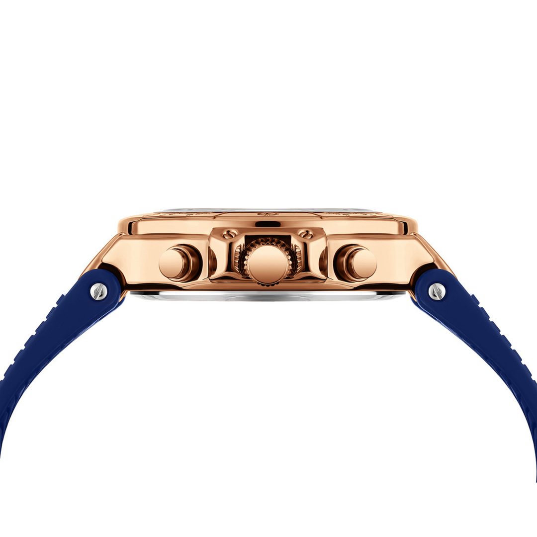 Romano Blue Dial Watch — Rose Gold Case, Blue Silicone Strap for Men