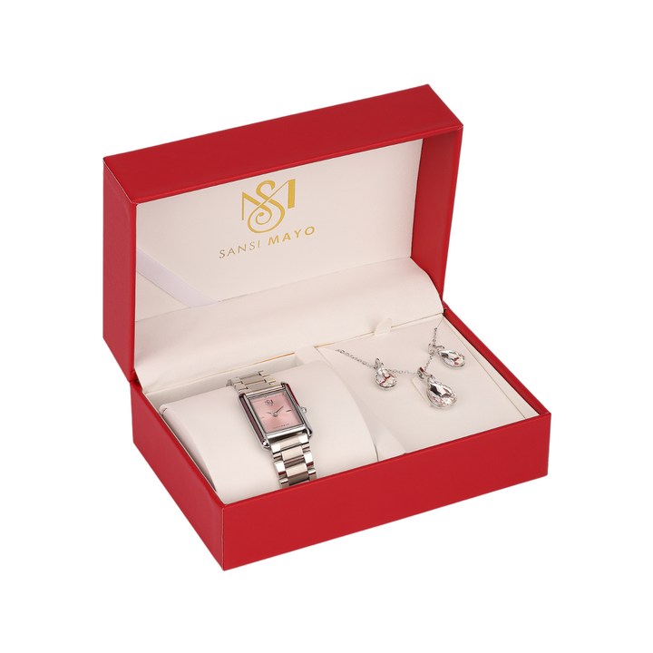 Sansi Mayo Women’s Watch & Jewellery Gift Set — Silver with Light Pink Dial & Egyptian Stone
