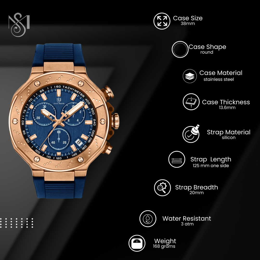 Romano Blue Dial Watch — Rose Gold Case, Blue Silicone Strap for Men