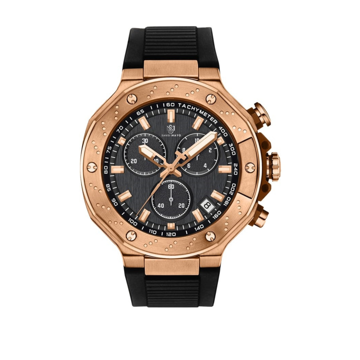 Romano Black Dial Watch — Rose Gold Case, Black Strap
