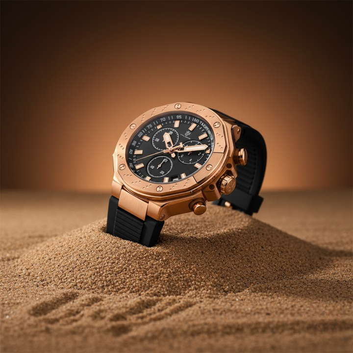 Romano Black Dial Watch — Rose Gold Case, Black Strap