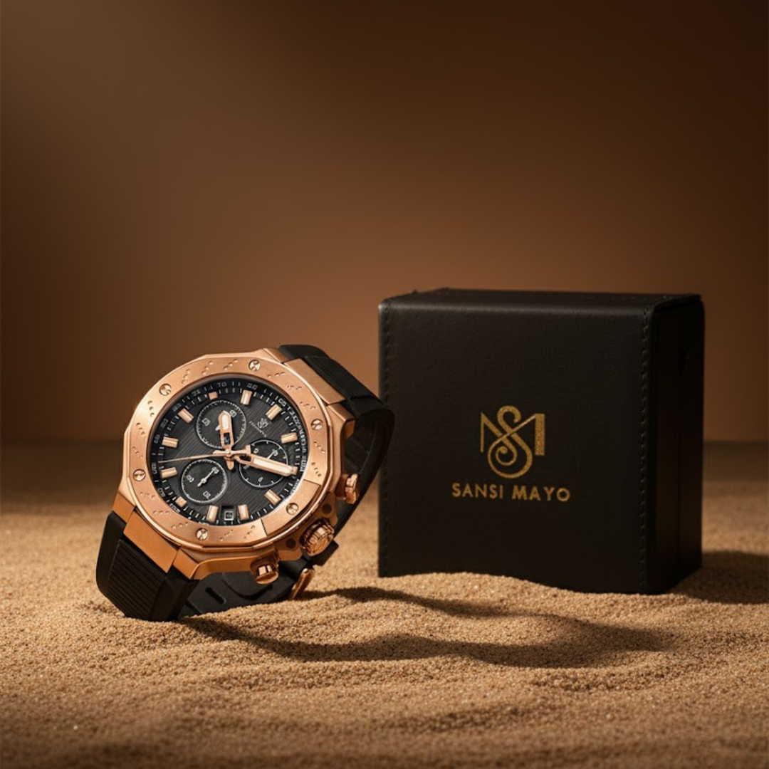 Romano Black Dial Watch — Rose Gold Case, Black Strap