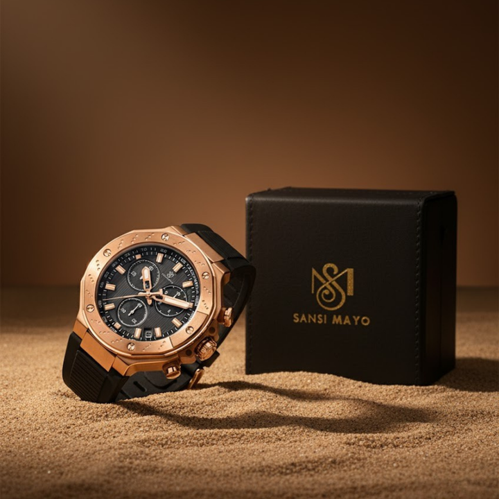 Romano Black Dial Watch — Rose Gold Case, Black Strap