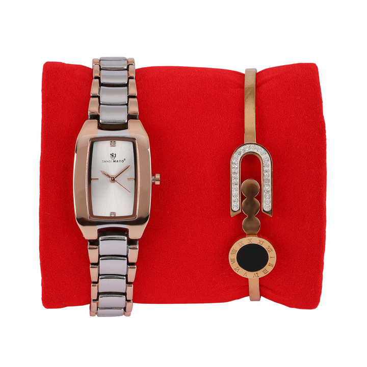 Sansimayo Women’s White Dial Watch with Bracelet – Silver Rose Gold Edition