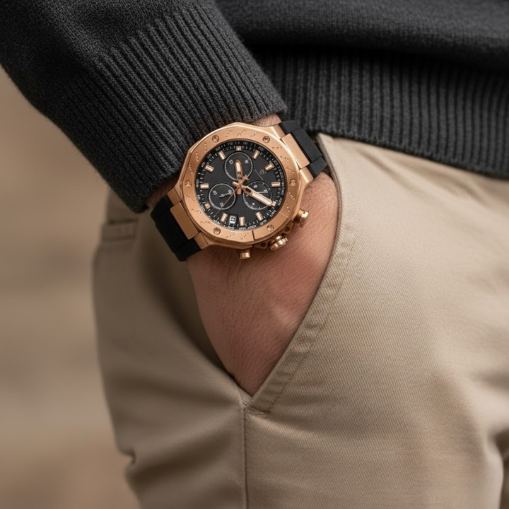 Romano Black Dial Watch — Rose Gold Case, Black Strap