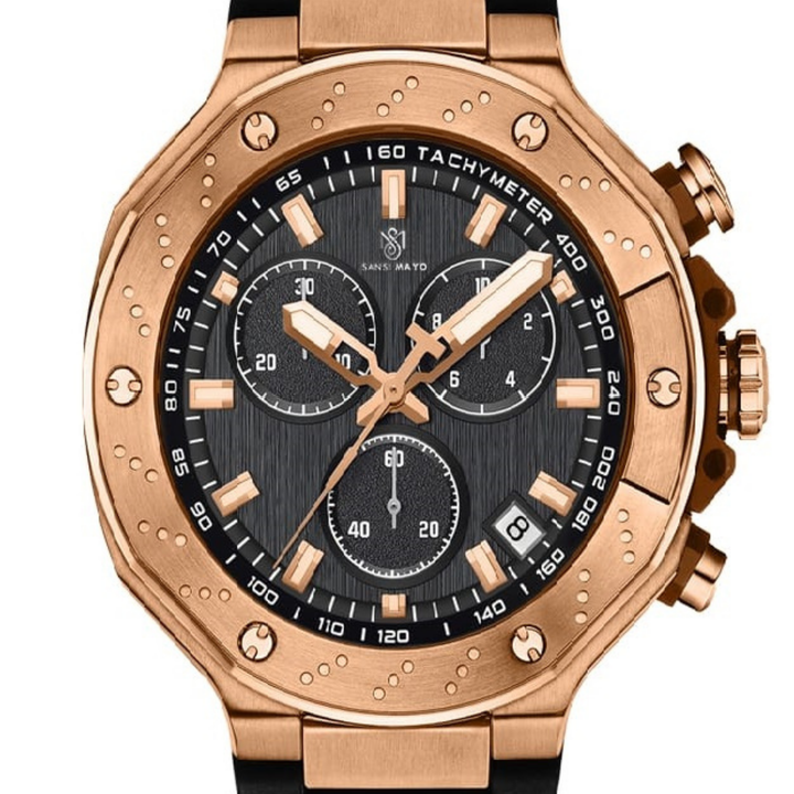 Romano Black Dial Watch — Rose Gold Case, Black Strap
