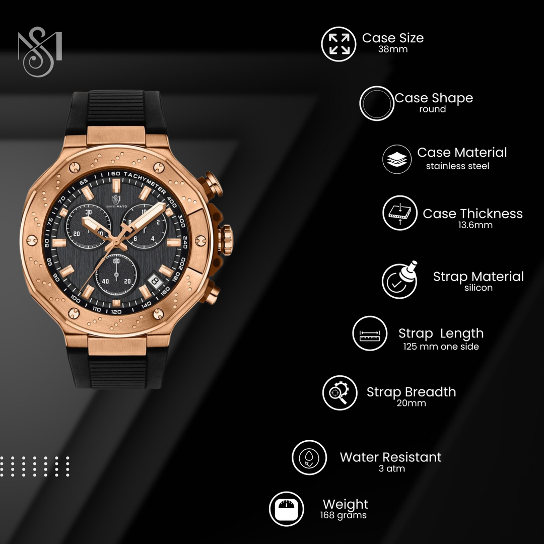 Romano Black Dial Watch — Rose Gold Case, Black Strap