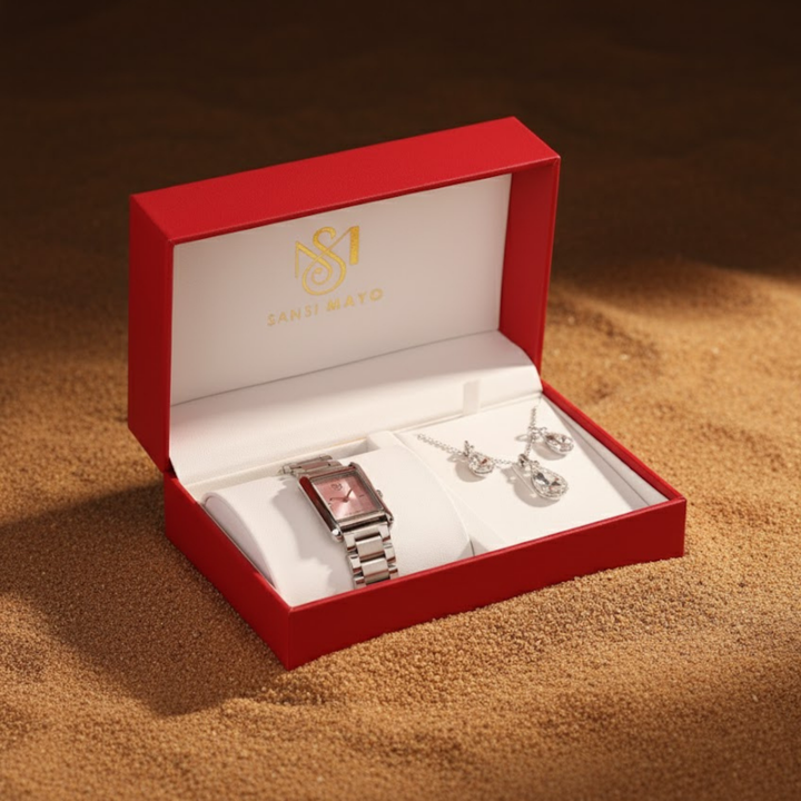 Sansi Mayo Women’s Watch & Jewellery Gift Set — Silver with Light Pink Dial & Egyptian Stone