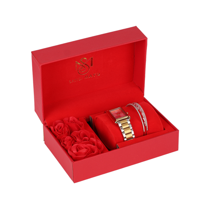 Sansimayo Women’s Dark Pink Dial Watch with Bracelet – Two Tone Gold Edition