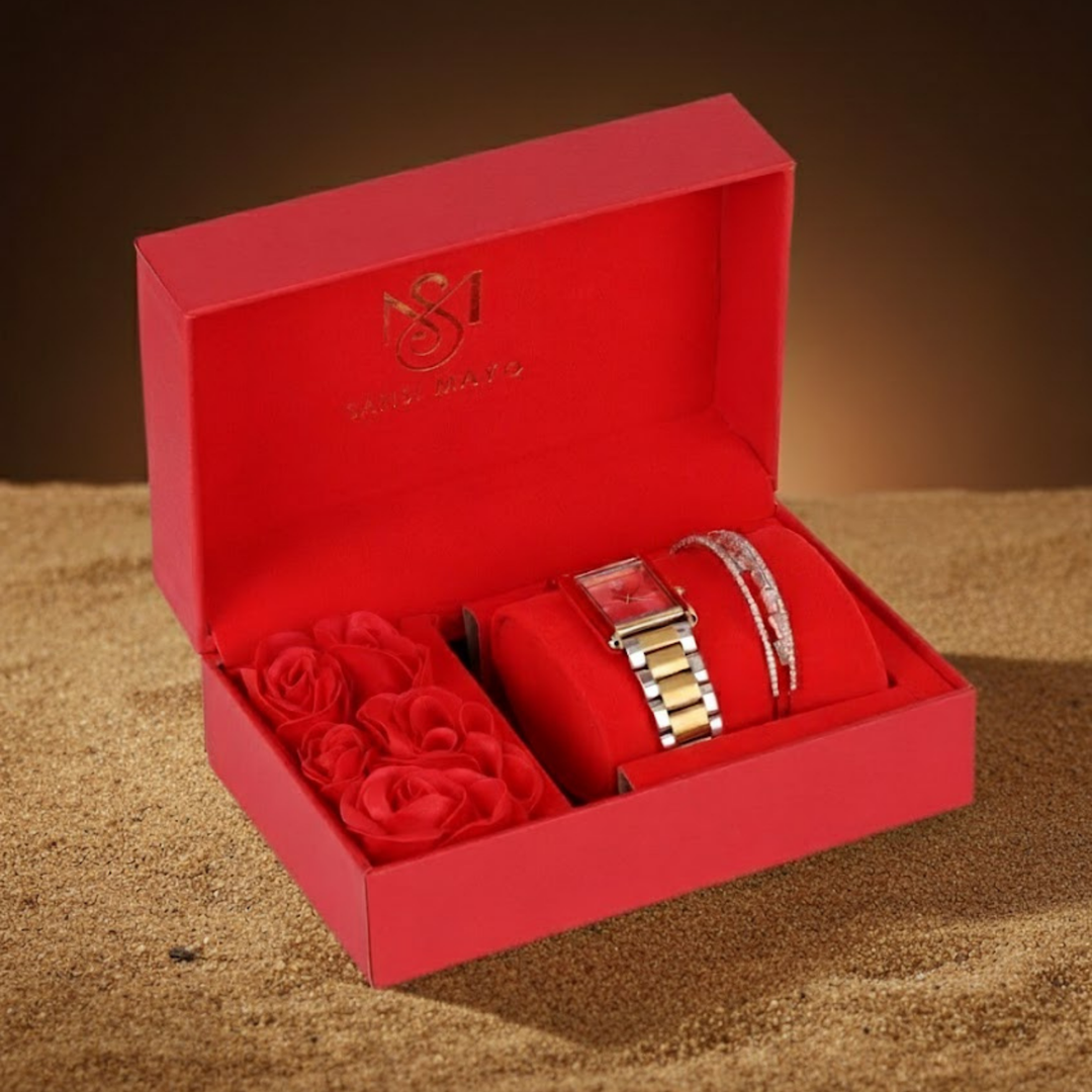 Sansimayo Women’s Dark Pink Dial Watch with Bracelet – Two Tone Gold Edition