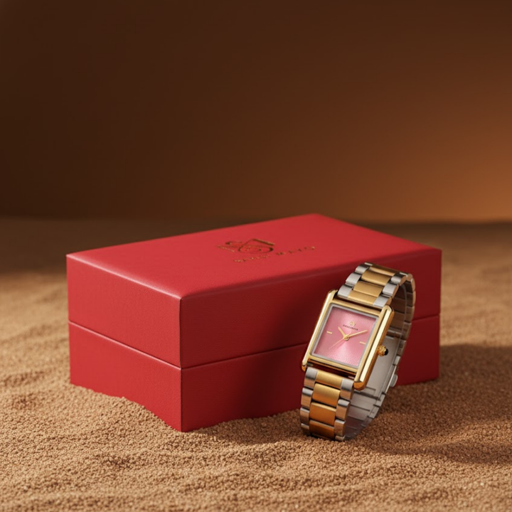 Sansimayo Women’s Dark Pink Dial Watch with Bracelet – Two Tone Gold Edition