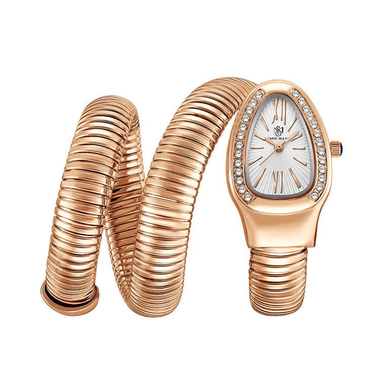 Snake 2.0 Rose Gold Coil Bracelet Watch — White Dial | Sansi Mayo