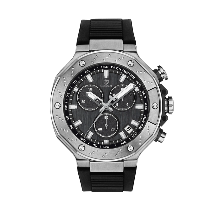 Romano Black Dial Men’s Watch — Silver Case with Black Silicone Strap