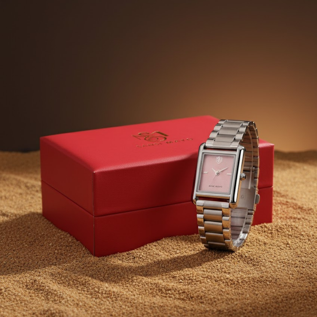 Sansi Mayo Women’s Watch & Jewellery Gift Set — Silver with Light Pink Dial & Egyptian Stone