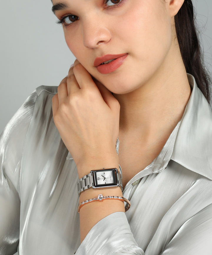 Sansimayo Women’s Grey Dial Watch with 2 Bracelets – Silver Edition