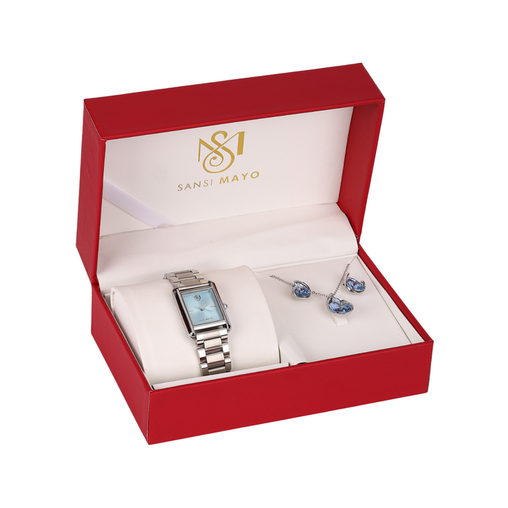 Sansi Mayo Women’s Watch & Jewellery Gift Set — Silver with Sky Blue Dial & Egyptian Stone