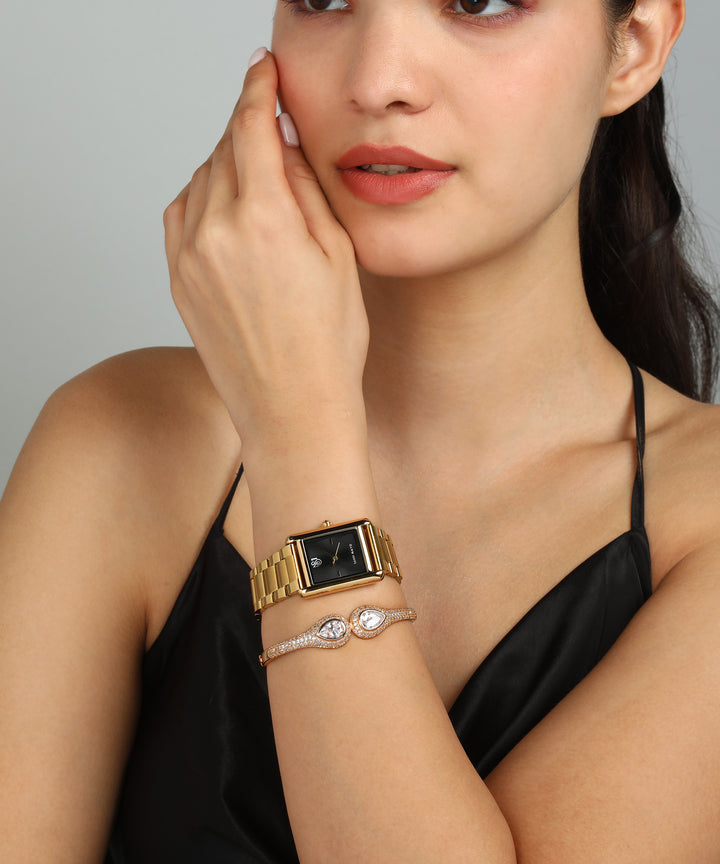 Sansimayo Women’s Black Dial Watch with Bracelet – Gold Edition